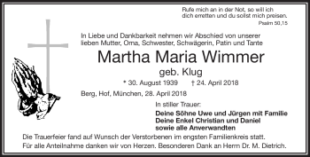 Traueranzeige von Martha Wimmer von Frankenpost
