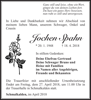 Traueranzeige von Jochen Spahn von Südthüringer Presse