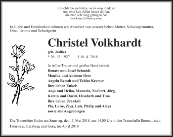 Traueranzeige von Christel Volkhardt von Südthüringer Presse