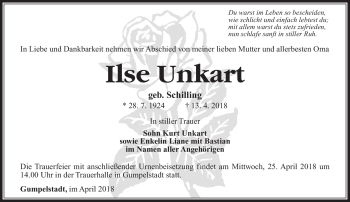 Traueranzeige von Ilse Unkart von Südthüringer Presse