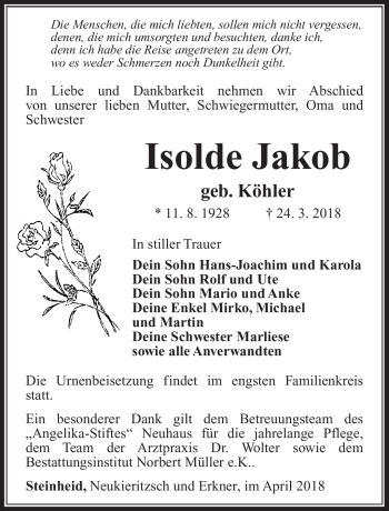 Traueranzeige von Isolde Jakob von Südthüringer Presse