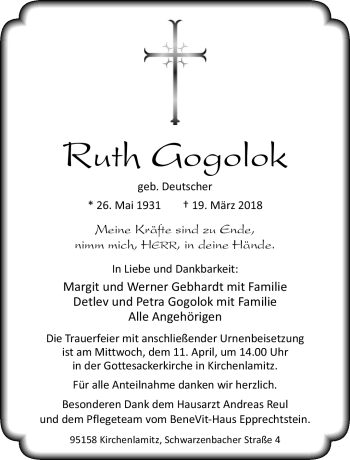 Traueranzeige von Ruth Gogolok von Frankenpost