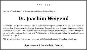 Traueranzeige von Joachim Weigend von Südthüringer Presse