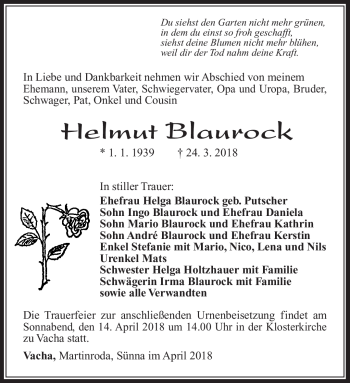 Traueranzeige von Helmut Blaurock von Südthüringer Presse