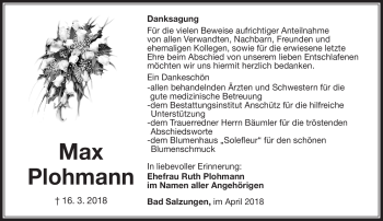 Traueranzeige von Max Plohmann von Südthüringer Presse