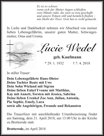 Traueranzeige von Lucie Wedel von Südthüringer Presse