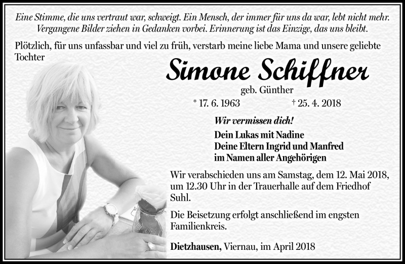  Traueranzeige für Simone Schiffner vom 28.04.2018 aus Südthüringer Presse