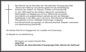 Traueranzeige von Elke Warnke von Frankenpost