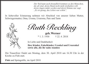 Traueranzeige von Ruth Reckling von Südthüringer Presse