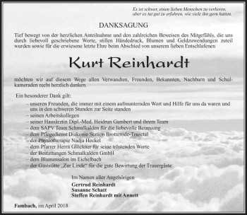 Traueranzeige von Kurt Reinhardt von Südthüringer Presse