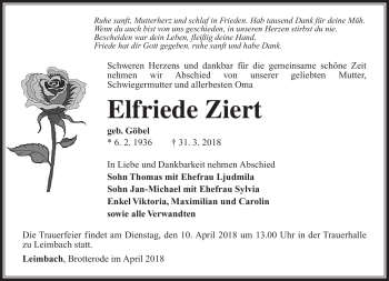 Traueranzeige von Elfriede Ziert von Südthüringer Presse