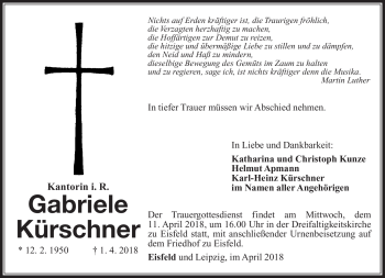 Traueranzeige von Gabriele Kürschner von Südthüringer Presse