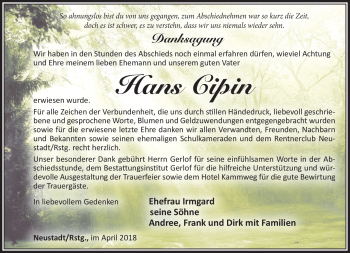 Traueranzeige von Hans Cipin von Südthüringer Presse