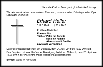 Traueranzeige von Erhard Heller von Südthüringer Presse
