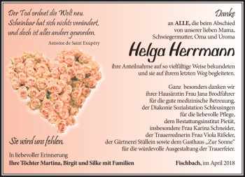 Traueranzeige von Helga Herrmann von Südthüringer Presse