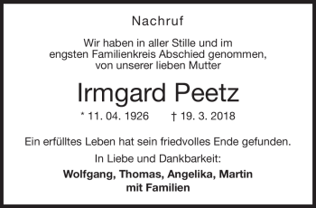 Traueranzeige von Irmgard Peetz von Neue Presse Coburg