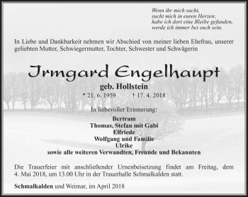 Traueranzeige von Irmgard Engelhaupt von Südthüringer Presse