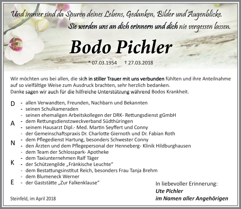  Traueranzeige für Bodo Pichler vom 14.04.2018 aus Südthüringer Presse
