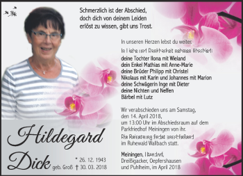 Traueranzeige von Hildegard Dick von Südthüringer Presse