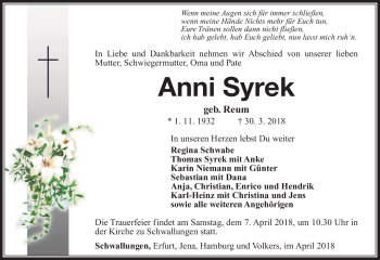 Traueranzeige von Anni Syrek von Südthüringer Presse