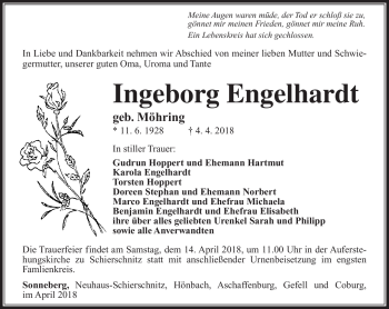 Traueranzeige von Ingeborg Engelhardt von Südthüringer Presse