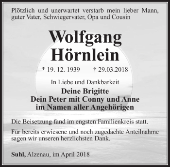 Traueranzeige von Wolfgang Hörnlein von Südthüringer Presse