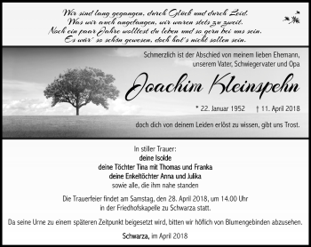Traueranzeige von Joachim Kleinspehn von Südthüringer Presse