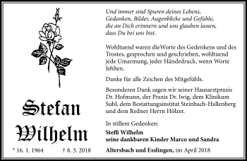 Traueranzeige von Stefan Wilhelm von Südthüringer Presse