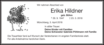 Traueranzeige von Erika Hildner von Frankenpost