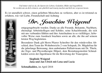 Traueranzeige von Joachim Weigend von Südthüringer Presse