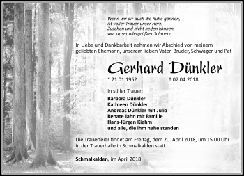 Traueranzeige von Gerhard Dünkler von Südthüringer Presse