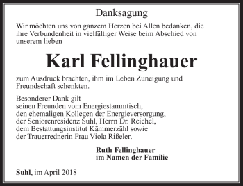 Traueranzeige von Karl Fellinghauer von Südthüringer Presse