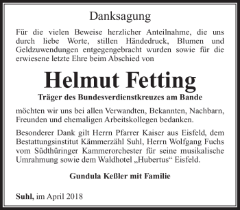 Traueranzeige von Helmut Fetting von Südthüringer Presse