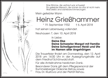 Traueranzeige von Heinz Grießhammer von Frankenpost