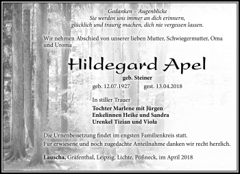 Traueranzeige von Hildegard Apel von Südthüringer Presse