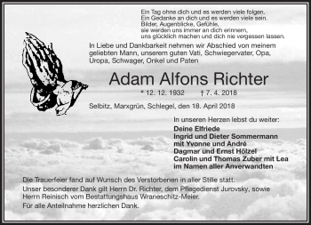 Traueranzeige von Adam Alfrons Richter von Frankenpost