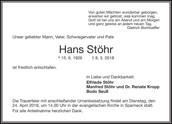 Traueranzeige von Hans Stöhr von Frankenpost