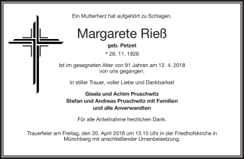 Traueranzeige von Margarete Rieß von Frankenpost