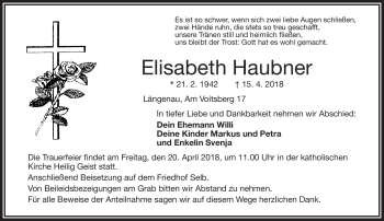 Traueranzeige von Elisabeth Haubner von Frankenpost