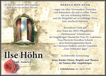 Traueranzeige von Ilse Höhn von Südthüringer Presse