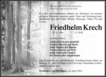Traueranzeige von Friedhelm Krech von Südthüringer Presse