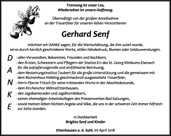 Traueranzeige von Gerhard Senf von Südthüringer Presse