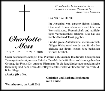 Traueranzeige von Charlotte Mess von Südthüringer Presse