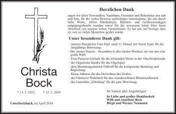 Traueranzeige von Christa Bock von Südthüringer Presse