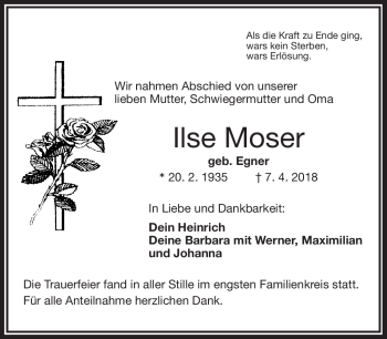 Traueranzeige von Ilse Moser von Frankenpost