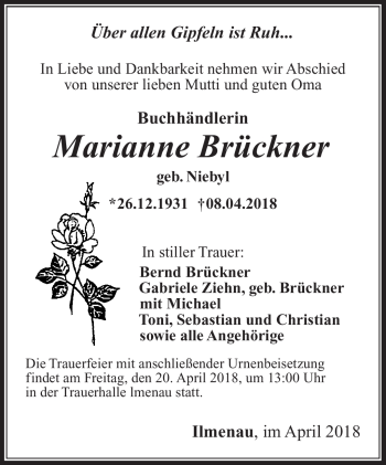 Traueranzeige von Marianne Brückner von Südthüringer Presse