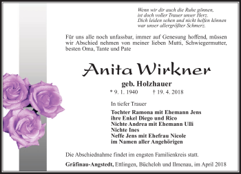 Traueranzeige von Anita Wirkner von Südthüringer Presse