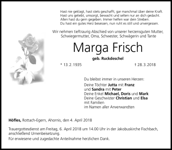 Traueranzeige von Marga Frisch von Neue Presse Coburg