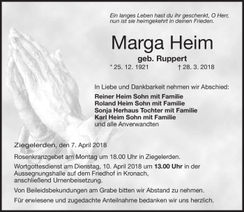 Traueranzeige von Marga Heim von Neue Presse Coburg