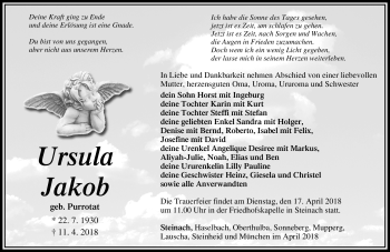 Traueranzeige von Ursula Jakob von Südthüringer Presse